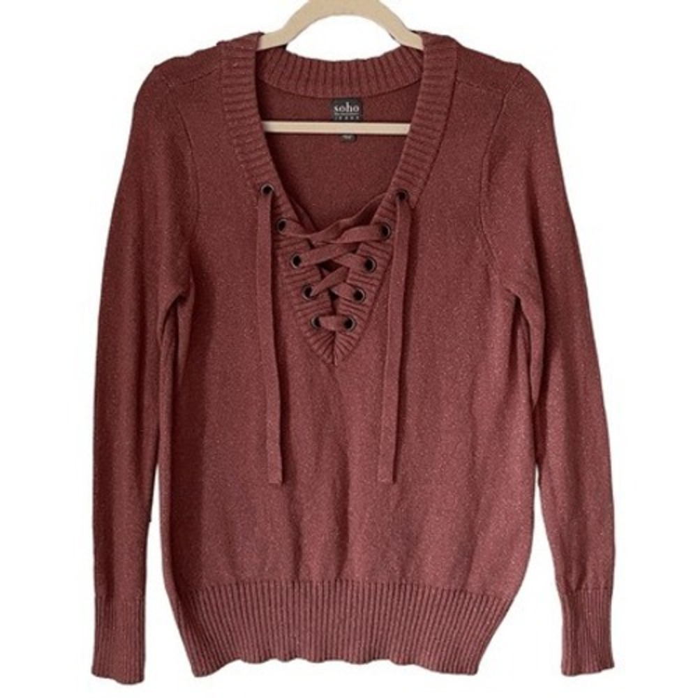S2 Soho Jeans Sweater Lace Up Grommet V‎ Neck Shimmer Lurex Indie Grunge PINK